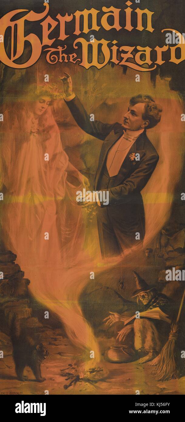 A poster for Germain the Wizard, a witch appears to be conjuring an image of Germain in the midst of a performance with a ghostly female figure, a black cat appears to be frightened by the image, he was a popular magician at the beginning of the twentieth century known for his elegant presentations, 1908. From the New York Public Library. Stock Photo