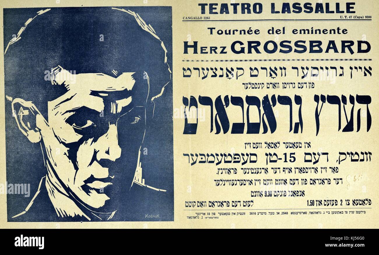 A poster written in Yiddish advertising a theatrical performance by Herz Grossbard, he was a performer known for his stage performances and talks in Yiddish, 1935. From the New York Public Library. Stock Photo
