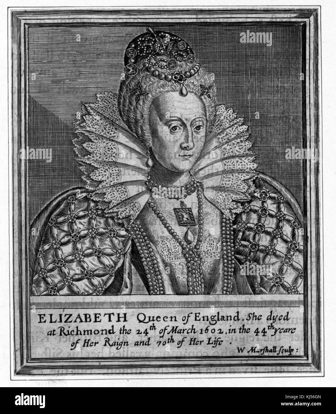 Engraved portrait of Elizabeth Queen of England, captioned 'Elizabeth Queen of England, she died at Richmond the 24th of March 1602, in the 44th year of her reign and 70th of her life', by William Marshall, 1880. From the New York Public Library. Stock Photo