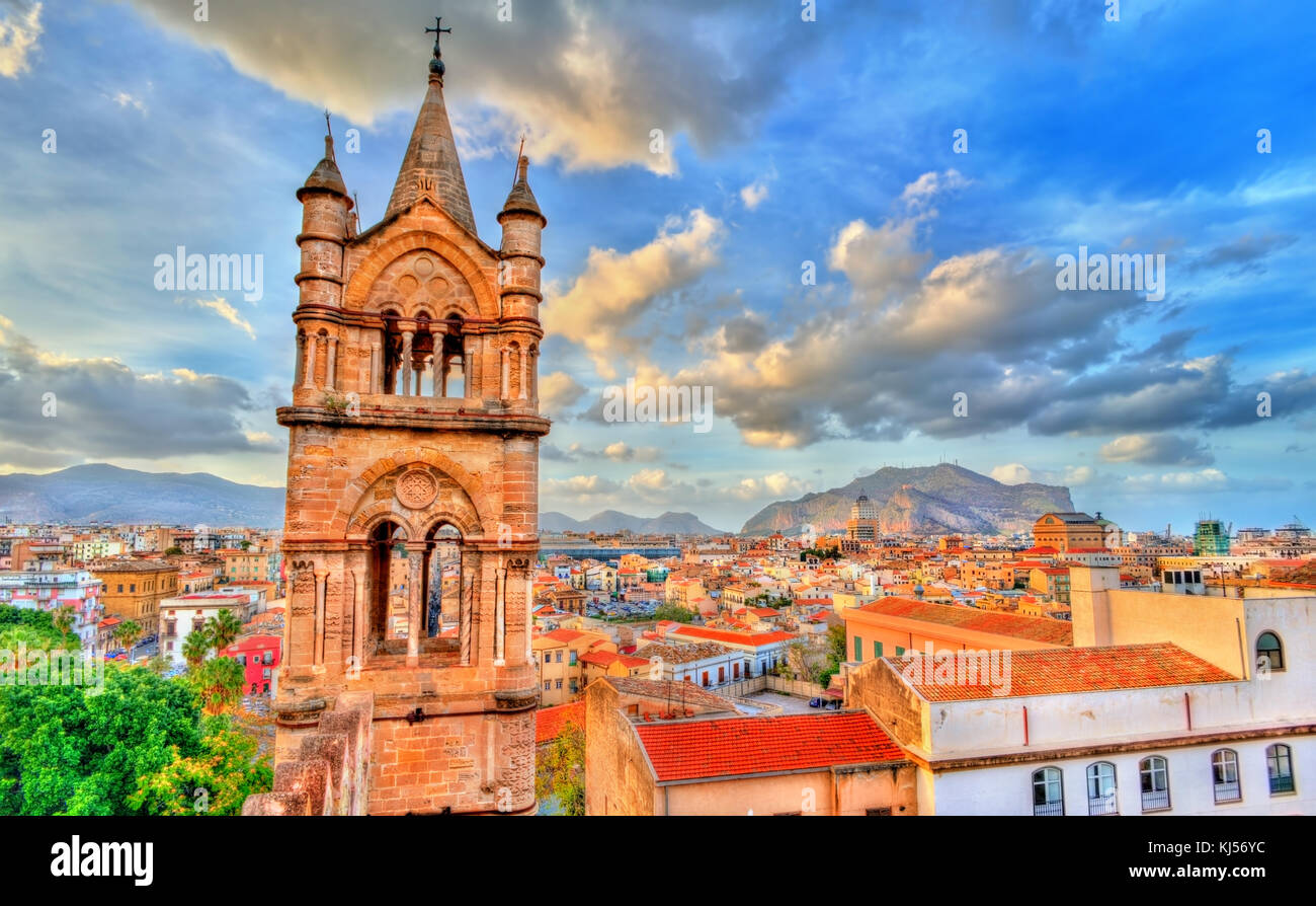 Tower of Palermo Cathedral at sunset - Sicily, Italy Stock Photo