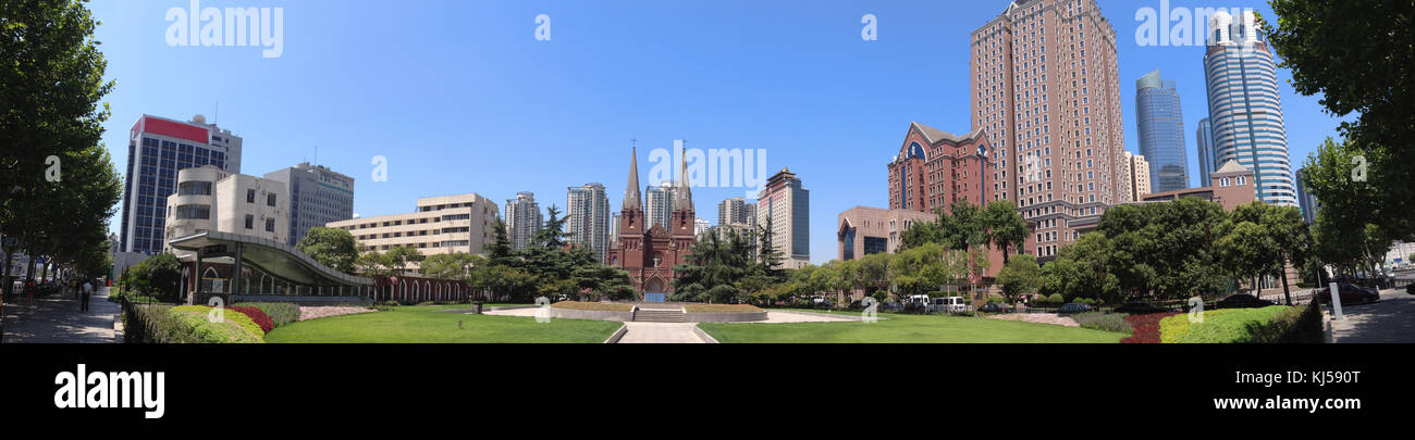 Cityscape - Panoramic view for the square of St. Ignatius Cathedral, also referred to as Xujiahui Cathedral ,one of most famous Catholic cathedral in  Stock Photo