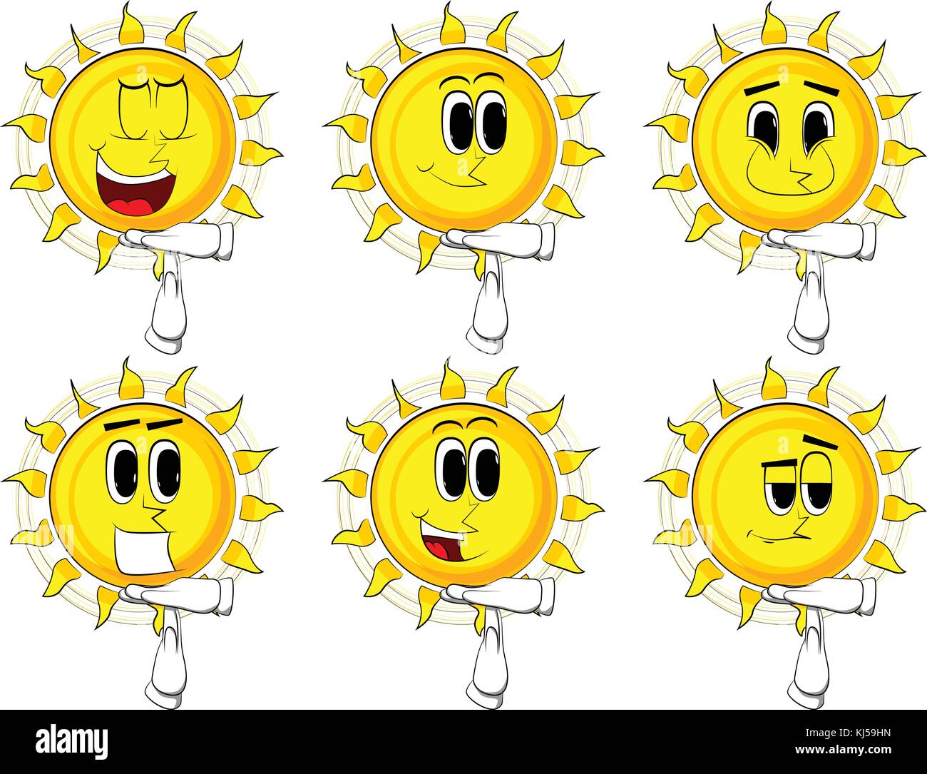 Cartoon sun with time out hand gesture. Collection with happy faces. Expressions vector set. Stock Vector