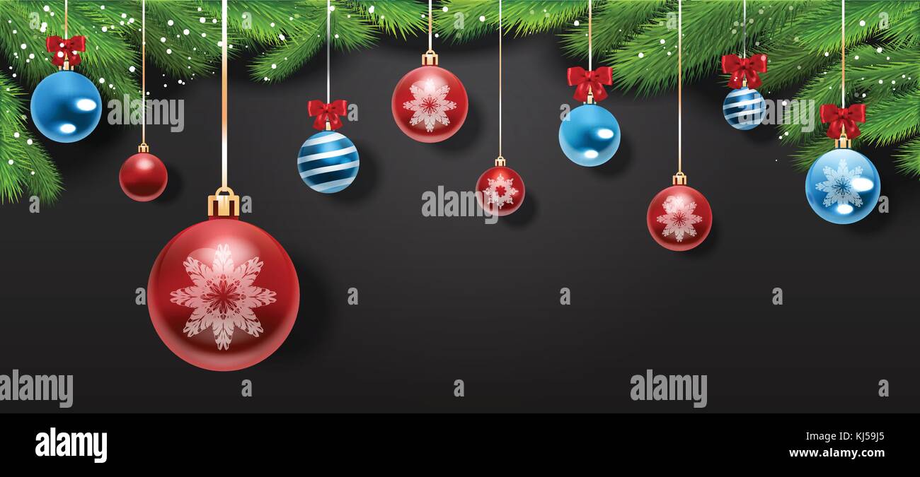 Christmas Decorations And Balls Hanging From Pine Tree Branch Over ...