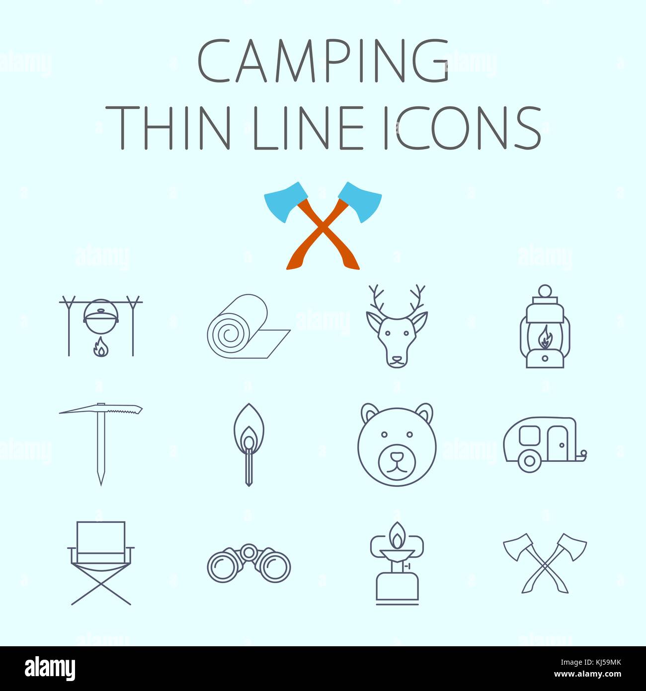 Camping thin line vector icon for web and mobile applications. Set includes - pot, mat, deer, lantern, ice axe, bear, chair, axe, match, trailer, bino Stock Vector