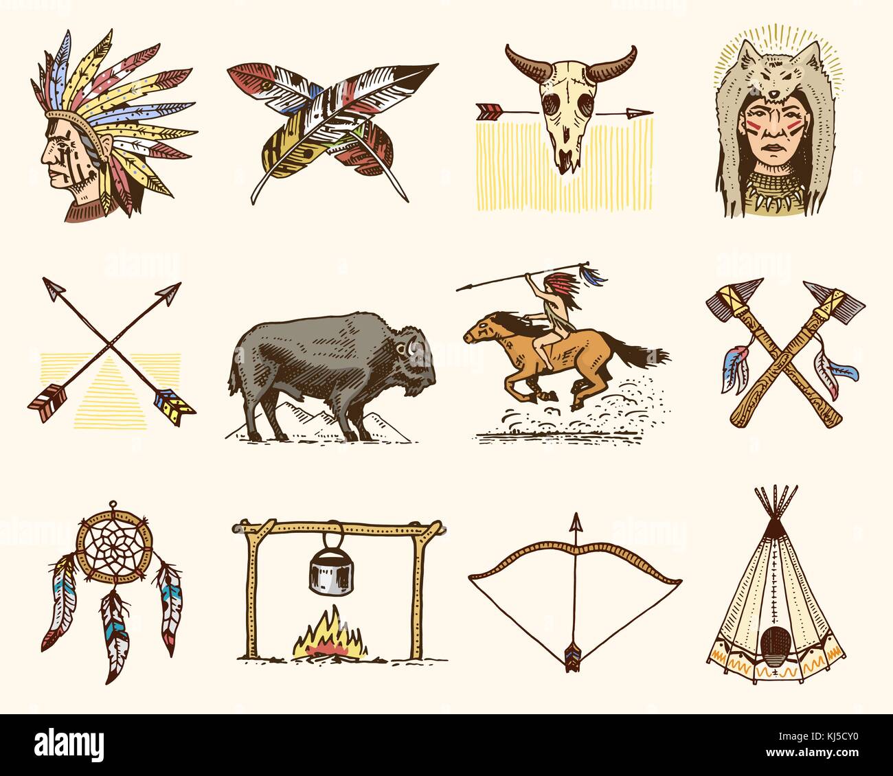 indian or native american. buffalo, axes and tent, arrows and bow