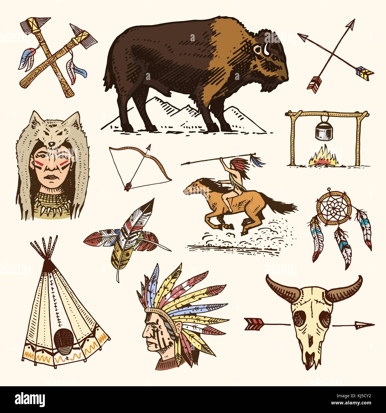indian or native american. buffalo, axes and tent, arrows and bow