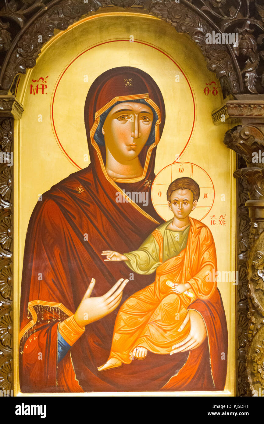 An icon of the Blessed Mother of God with baby Jesus in the Orthodox Chapel at the Brussels Zaventem Airport. Stock Photo