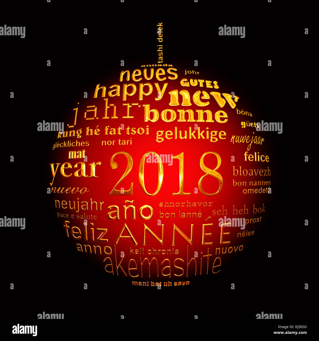 2018 new year multilingual text word cloud greeting card in the shape of a red and golden christmas ball on black background Stock Photo
