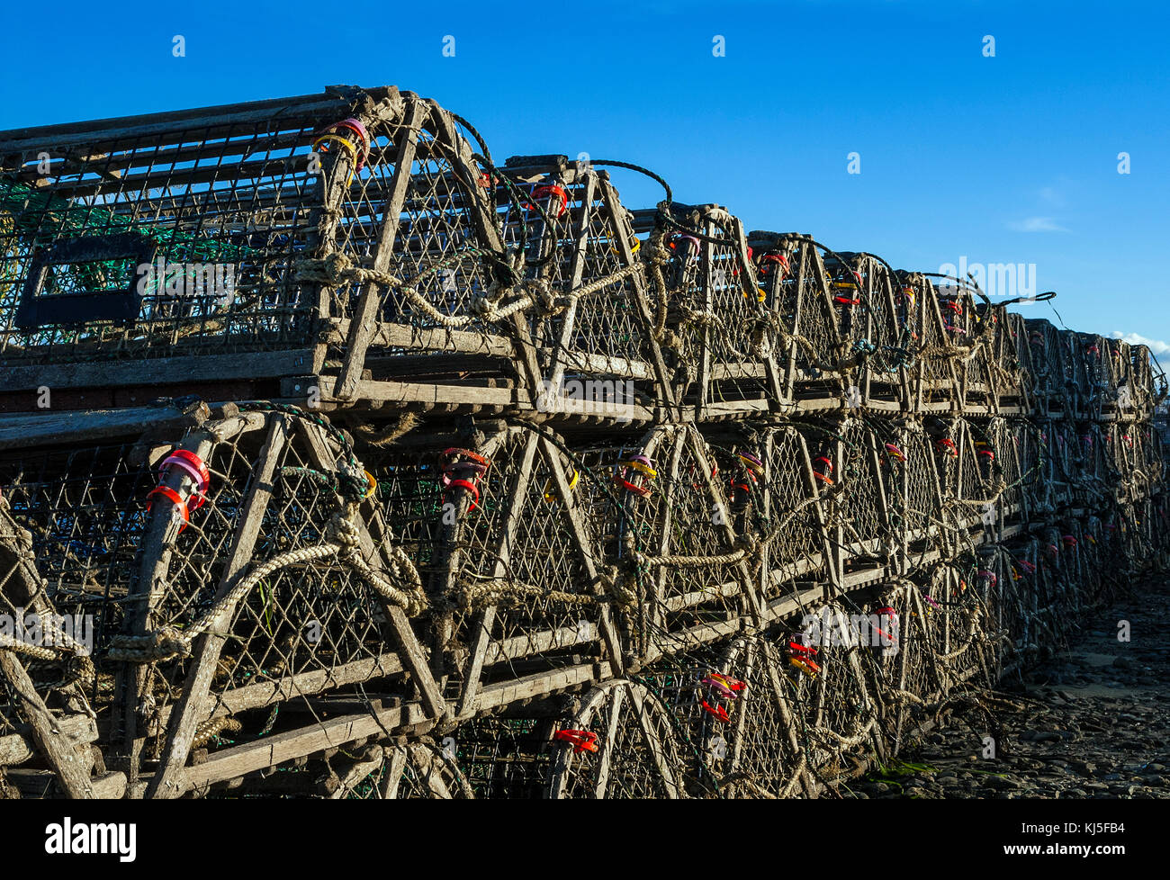 Stack of traditional wooden lobster traps, Cape Cod, Massachusetts, USA