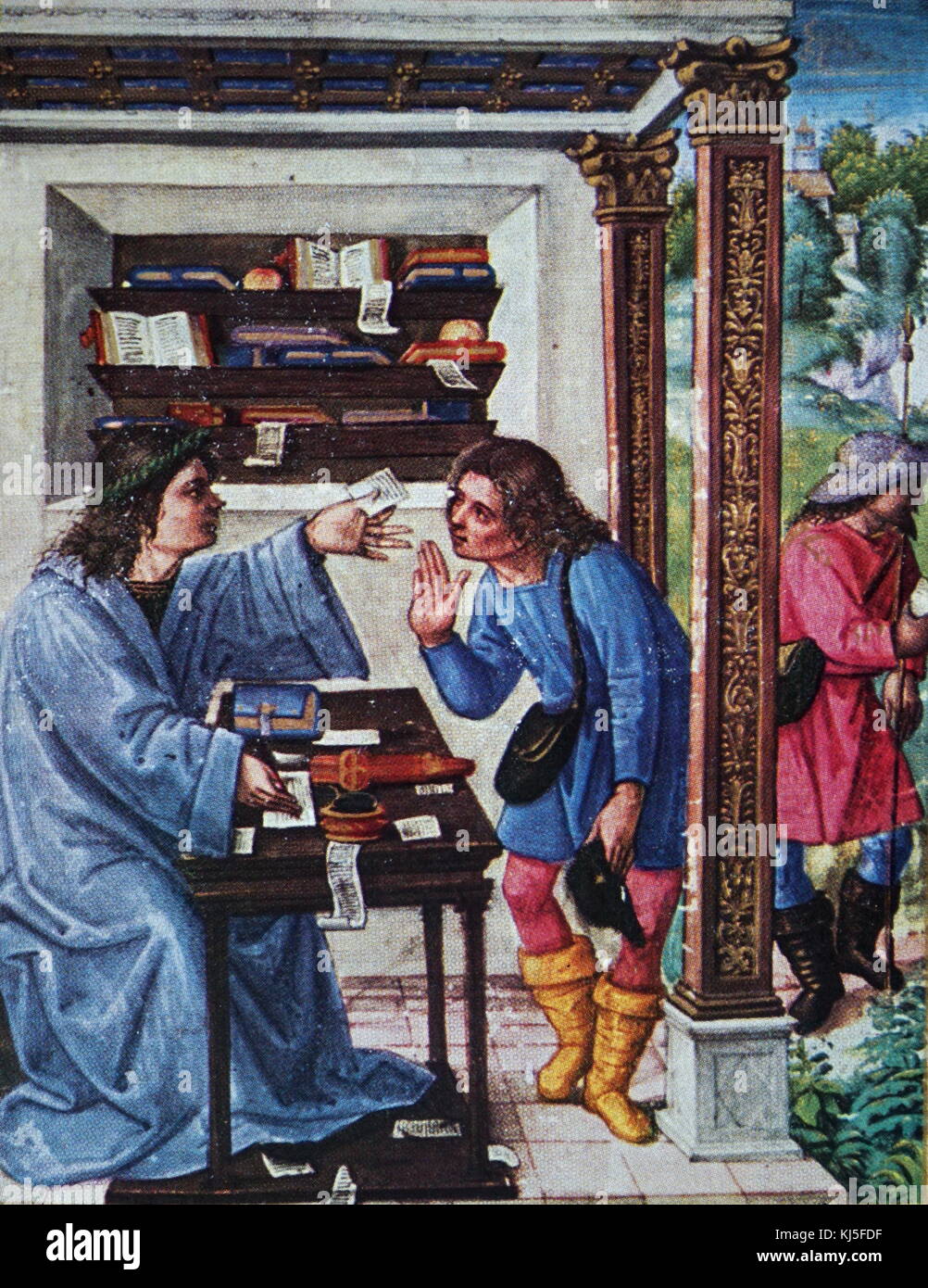 Illuminated manuscript depicting a scene at the Library of the Gerolamini, Naples. Stock Photo
