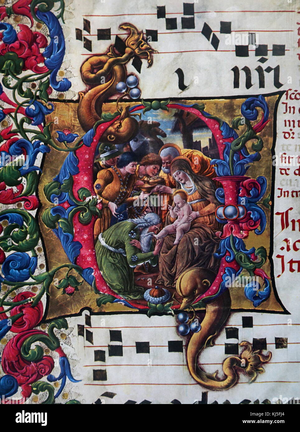 Illuminated initial with the Adoration of the Magi. Dated 18th Century Stock Photo