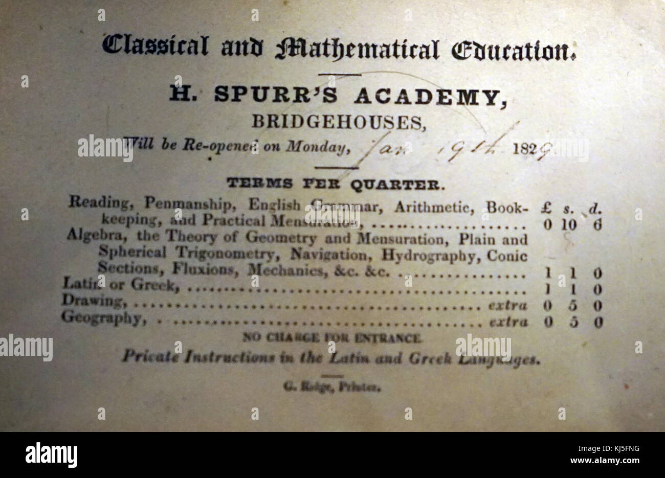 H. Spurr's Academy Bridgehouses price list for classes and admittance. Dated 19th Century Stock Photo