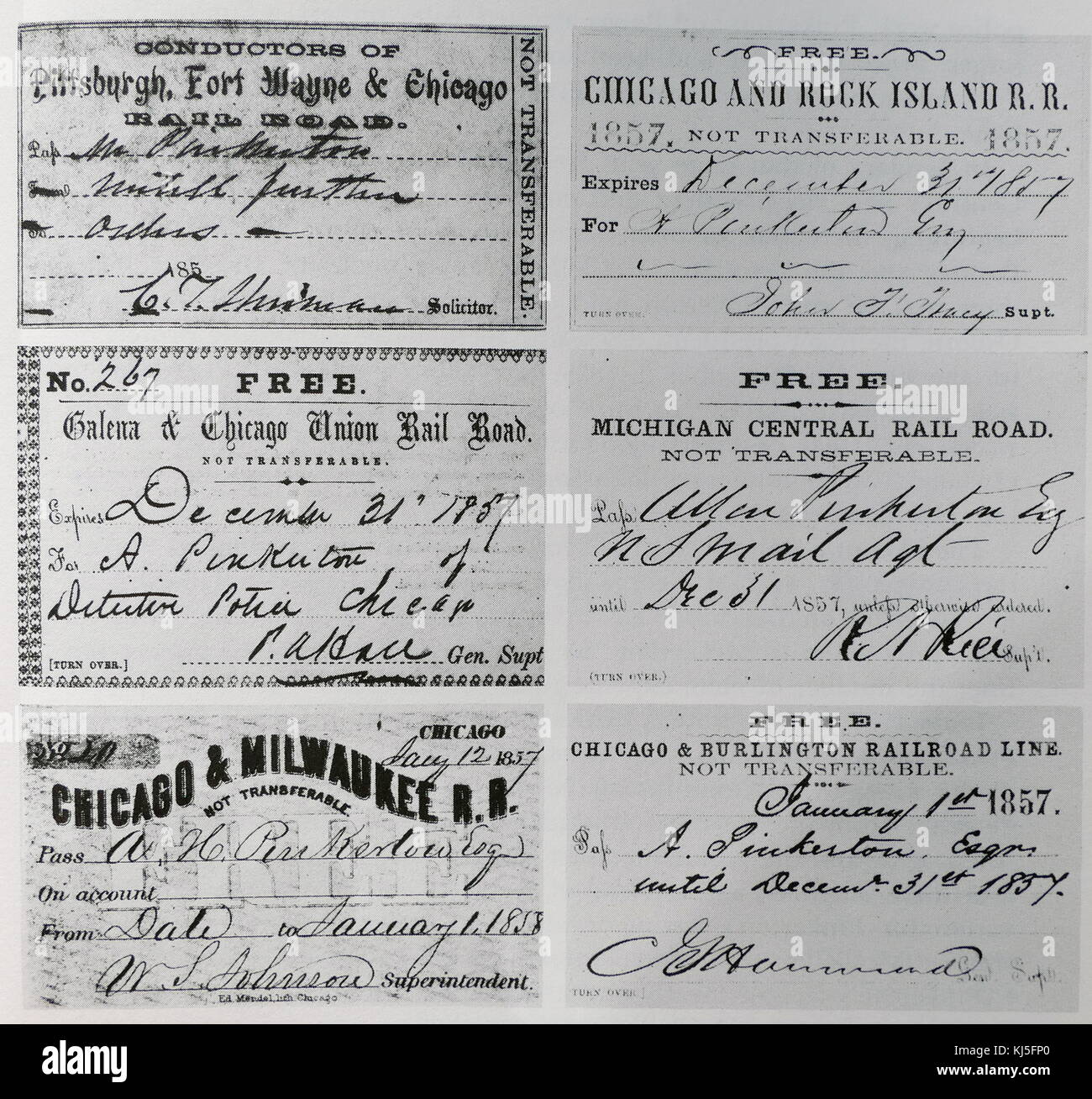Samples of 19th Century Chicago Rail Tickets. Dated 19th Century Stock Photo