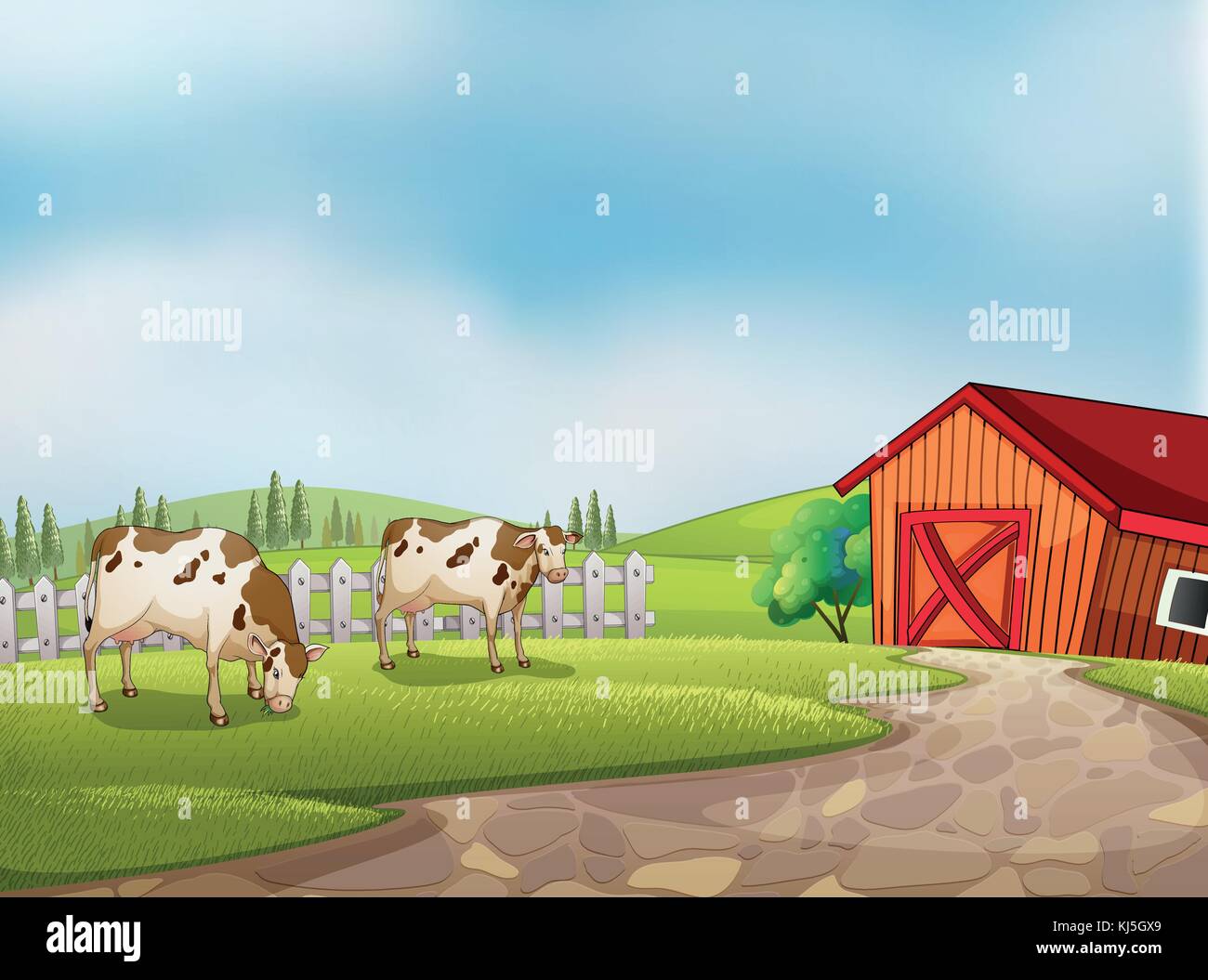 Illustration of the two cows at the farm with a barn and fence Stock ...