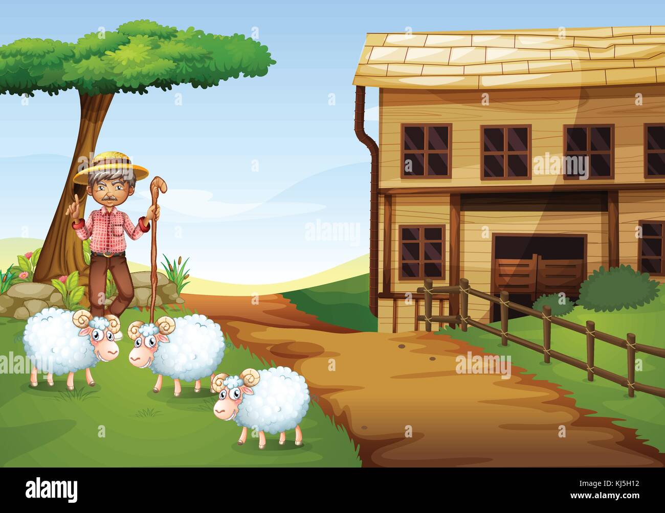 Illustration of an old man at the farm with three sheeps Stock Vector