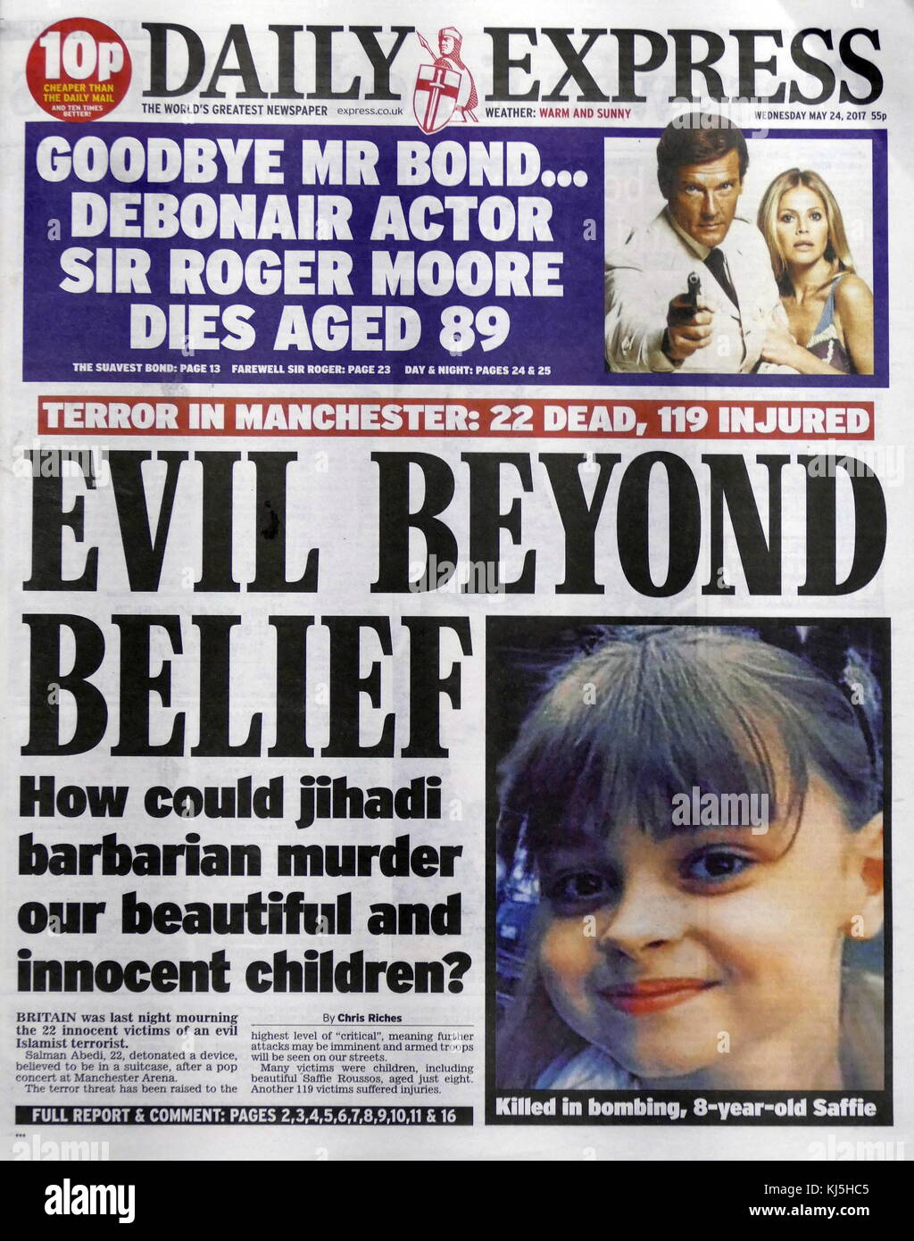 British newspaper headline and front page, during the days following the 22 May 2017, suicide bombing, carried out at Manchester Arena in Manchester, England, following a concert by American singer Ariana Grande. Stock Photo