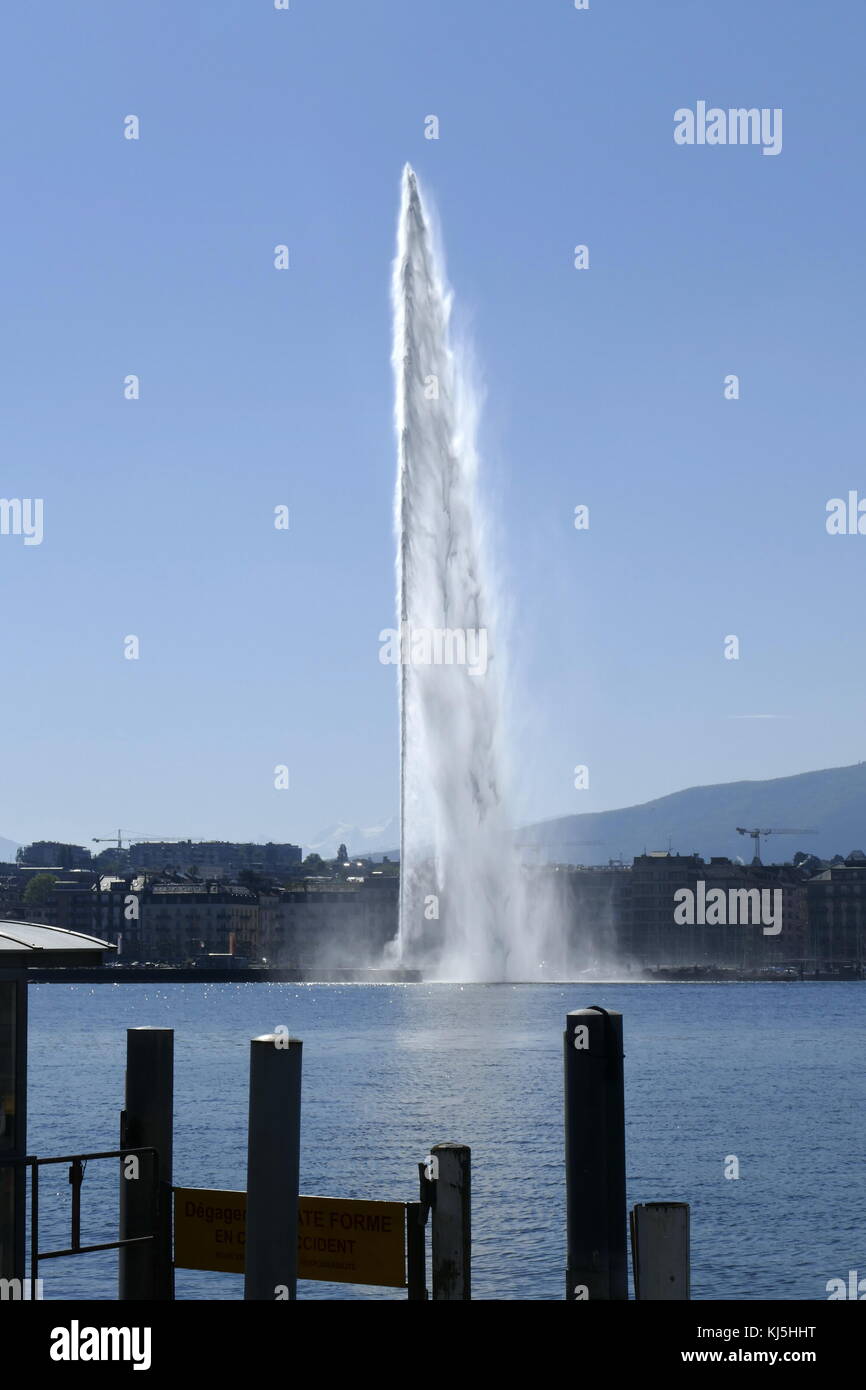The water Jet on Lake Geneva, Switzerland. The Jet d'Eau is a large