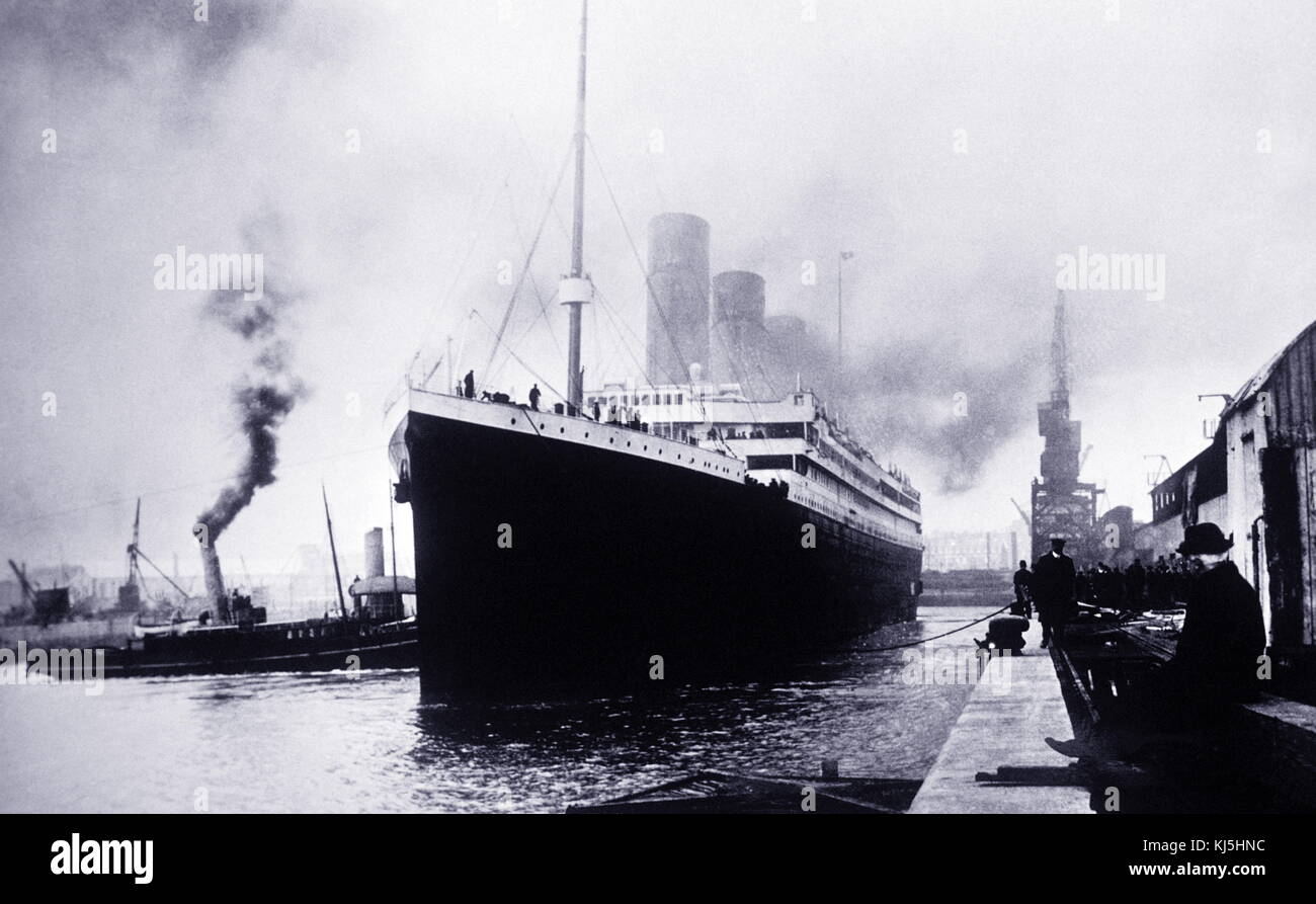 The Titanic sets sail from Southampton, Great Britain, 1912. RMS Titanic was a British passenger liner that sank in the North Atlantic Ocean in the early morning of 15 April 1912, after colliding with an iceberg during her maiden voyage from Southampton to New York City. Of the estimated 2,224 passengers and crew aboard, more than 1,500 died, Stock Photo