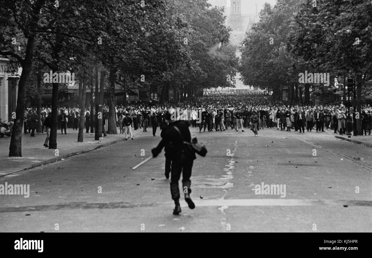 Police fire tear gas to control riots in Paris during the 1968 student demonstrations in France Stock Photo