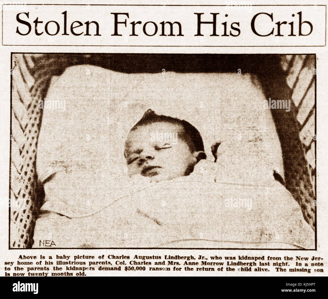On March 1, 1932, Charles Augustus Lindbergh Jr., 20-month old son of aviator Charles Lindbergh and Anne Morrow Lindbergh, was abducted from his home in Highfields, New Jersey. his body was discovered nearby Stock Photo