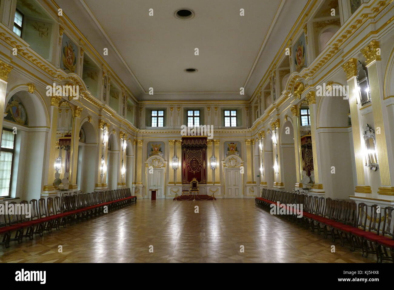 Sala Senatorska (The Senate Chamber) in the Old Royal Palace, Warsaw, Poland. It was here that the Upper House of the Polish Parliament used to sit in the years 1742-1831. Here, too, the Constitution of May 3,1791 was passed as the first modern European statute regulating the system of government. The interior decoration of the Chamber has been reconstructed on the basis of drawings preserved in the Dresden State Archives (the painted decoration is the work of Andrzej Bertrandt). Stock Photo