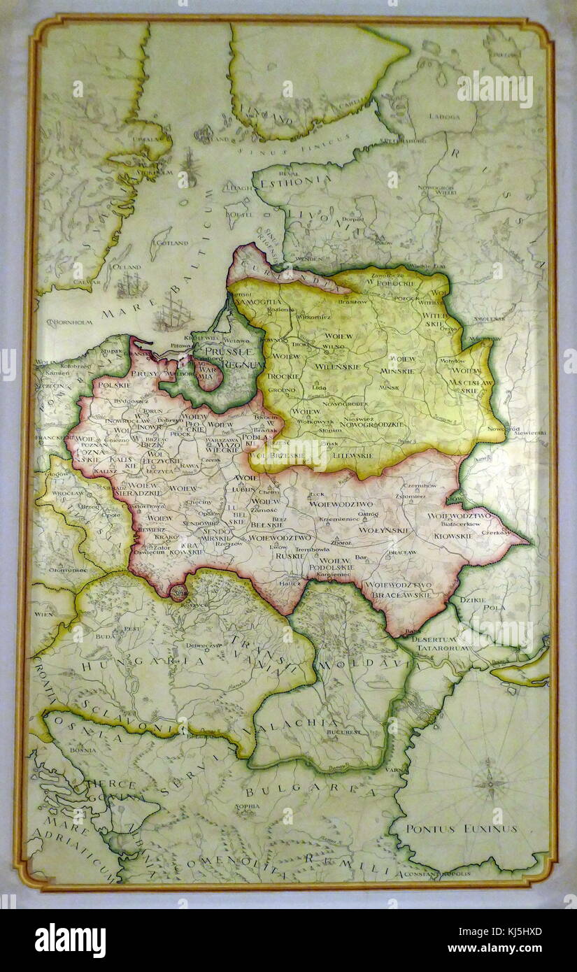 painted map showing the Polish Commonwealth with its borders, c. 1740. Interior of the Sala Senatorska (The Senate Chamber) in the Old Royal Palace, Warsaw, Poland. Stock Photo
