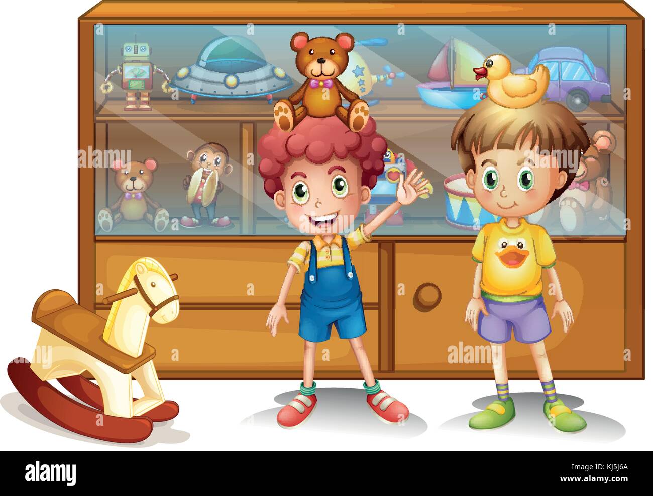 Illustration of the two young boys in front of a cabinet with toys on a white background Stock Vector