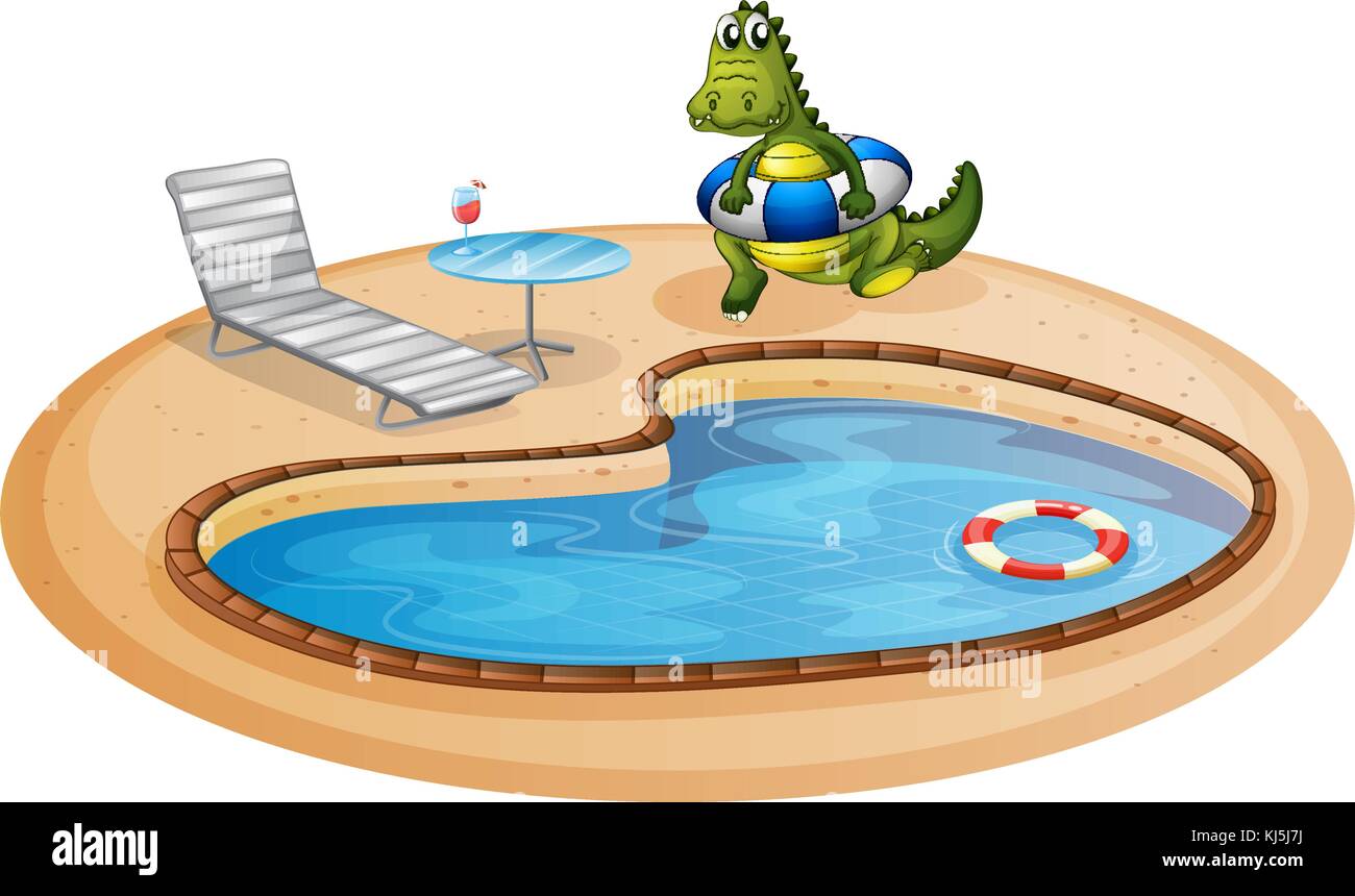 Illustration of a swimming pool with a crocodile inside a buoy on a white background Stock Vector