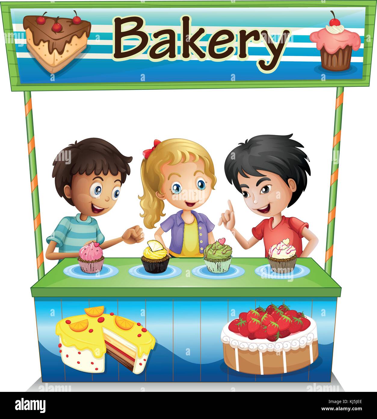 Illustration of the three kids in a bakery stand with cupcakes on a white background Stock Vector