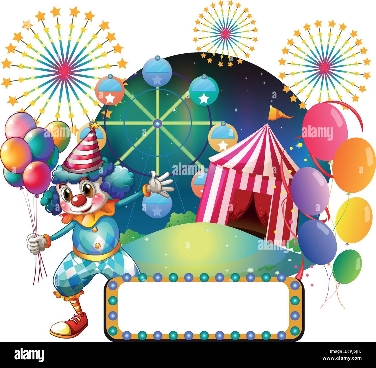 Illustration of a clown with balloons near the empty signage on a white ...