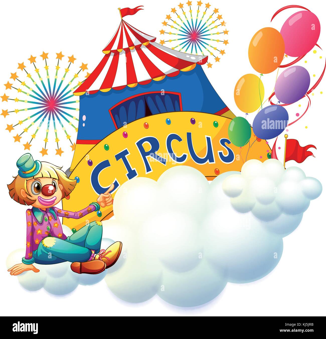 Illustration of a clown sitting with a circus signboard on a white ...