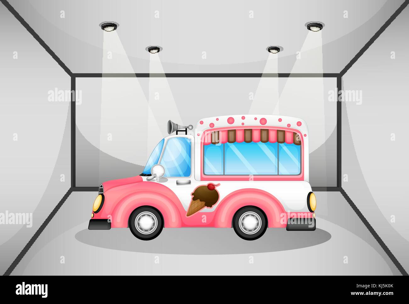 Illustration of a pink ice cream car inside the garage Stock Vector