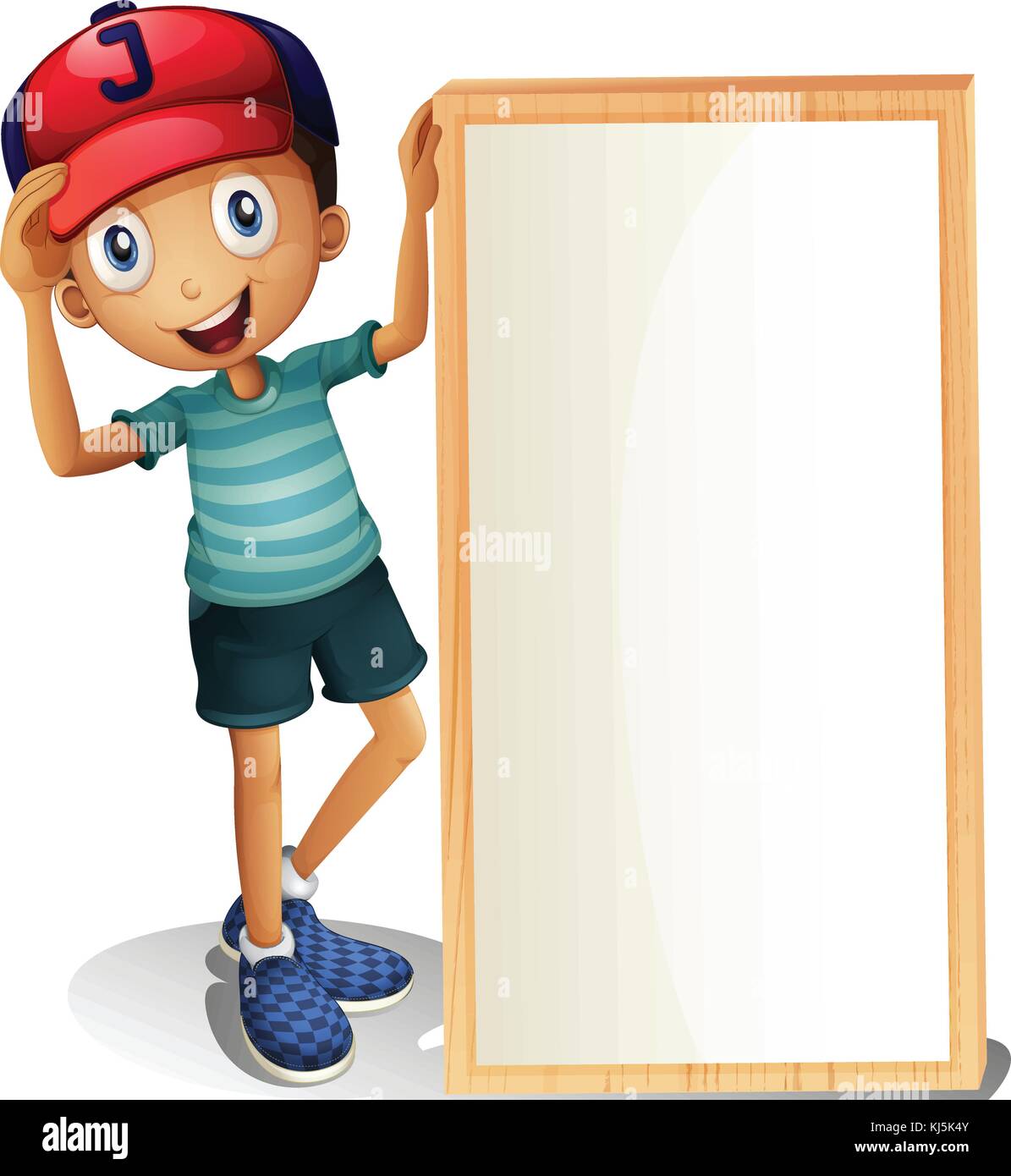 Illustration of a young boy standing beside an empty signboard on a ...