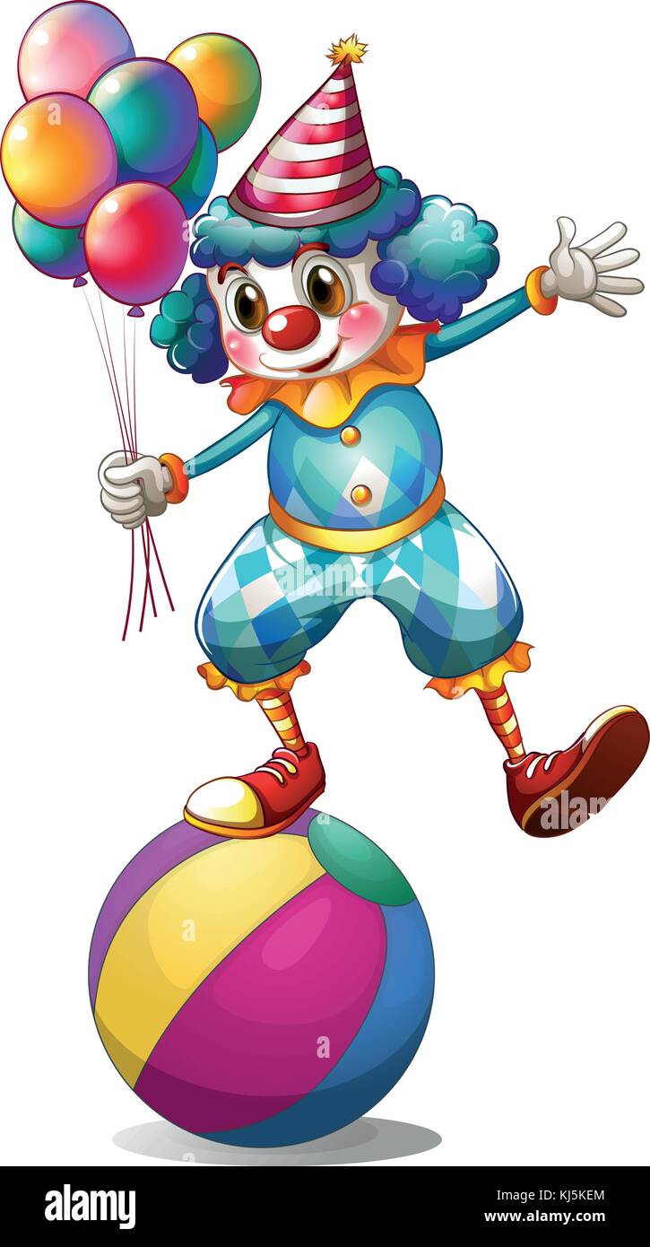 Illustration of a clown holding balloons above the ball on a white ...