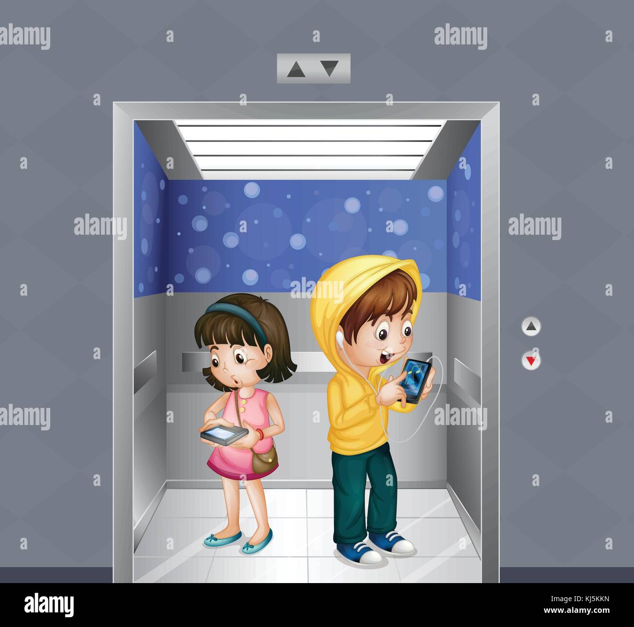 Illustration of the kids with gadgets at the elevator Stock Vector
