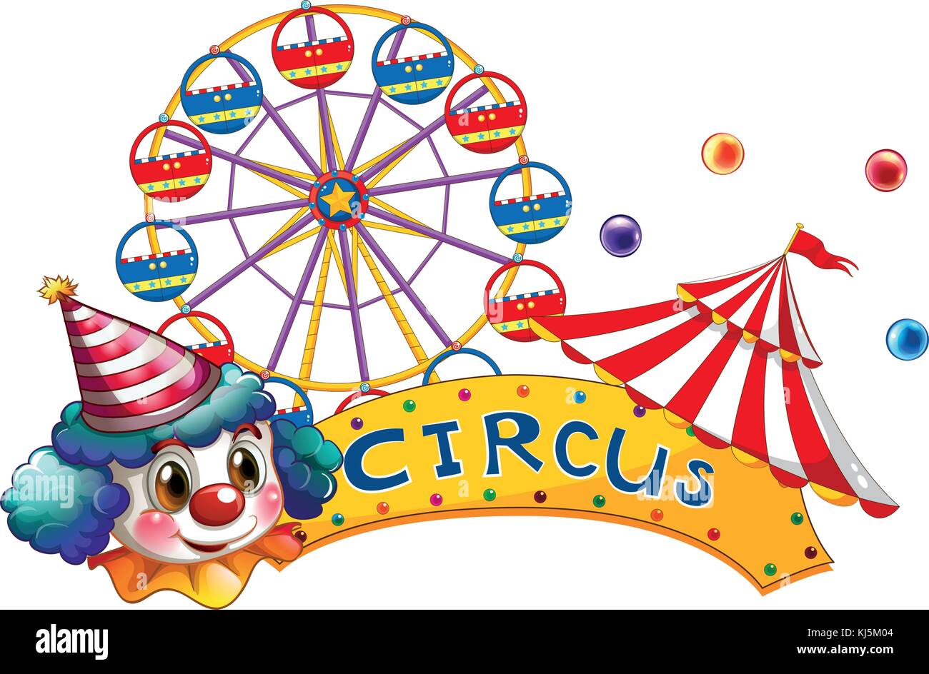 Illustration of a circus signboard with a clown and a tent on a white background Stock Vector