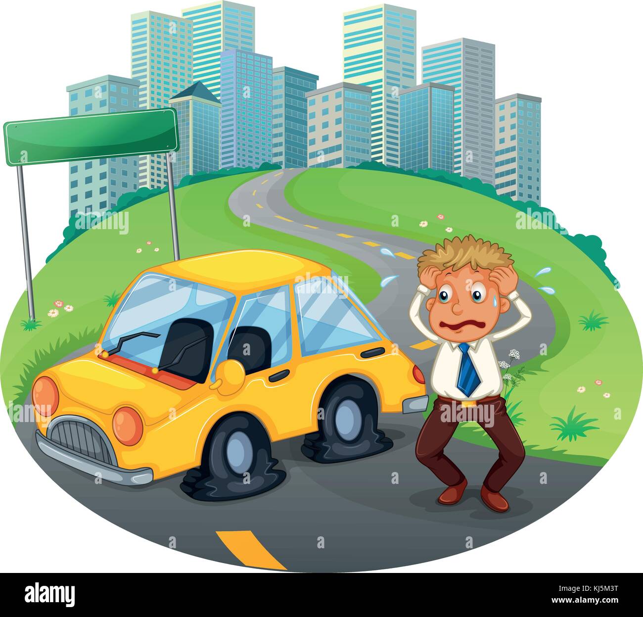 Illustration of a car accident in the curve road near the empty ...