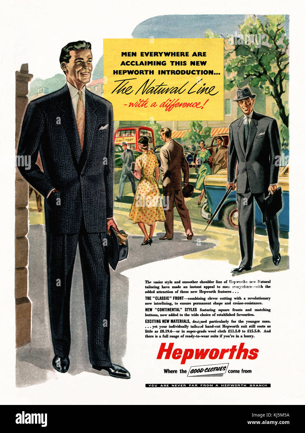A 1957 advert for Hepworth's men's clothes with an illustration of men wearing smart business suits in a British high street Stock Photo