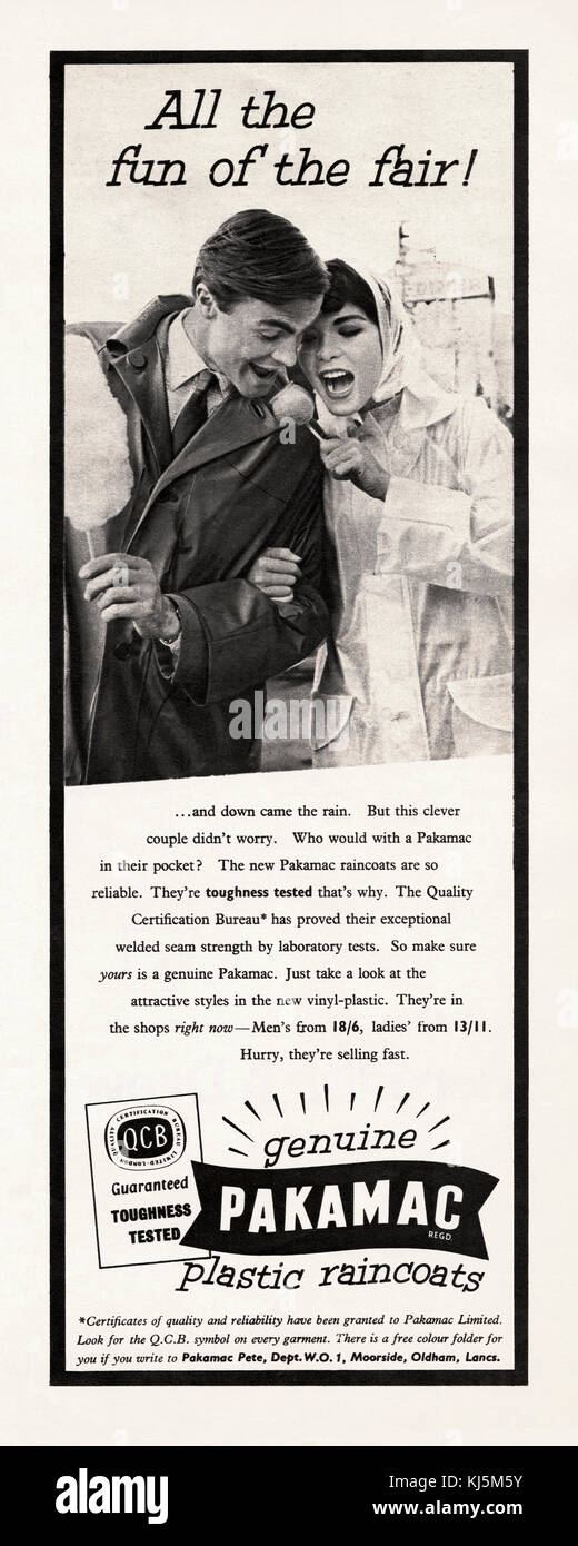 An advert for Pakamac rainwear - it appeared in a magazine published in the UK in 1959. It shows a couple outdoors with a toffee apple and candie floss (cotton candy) Stock Photo
