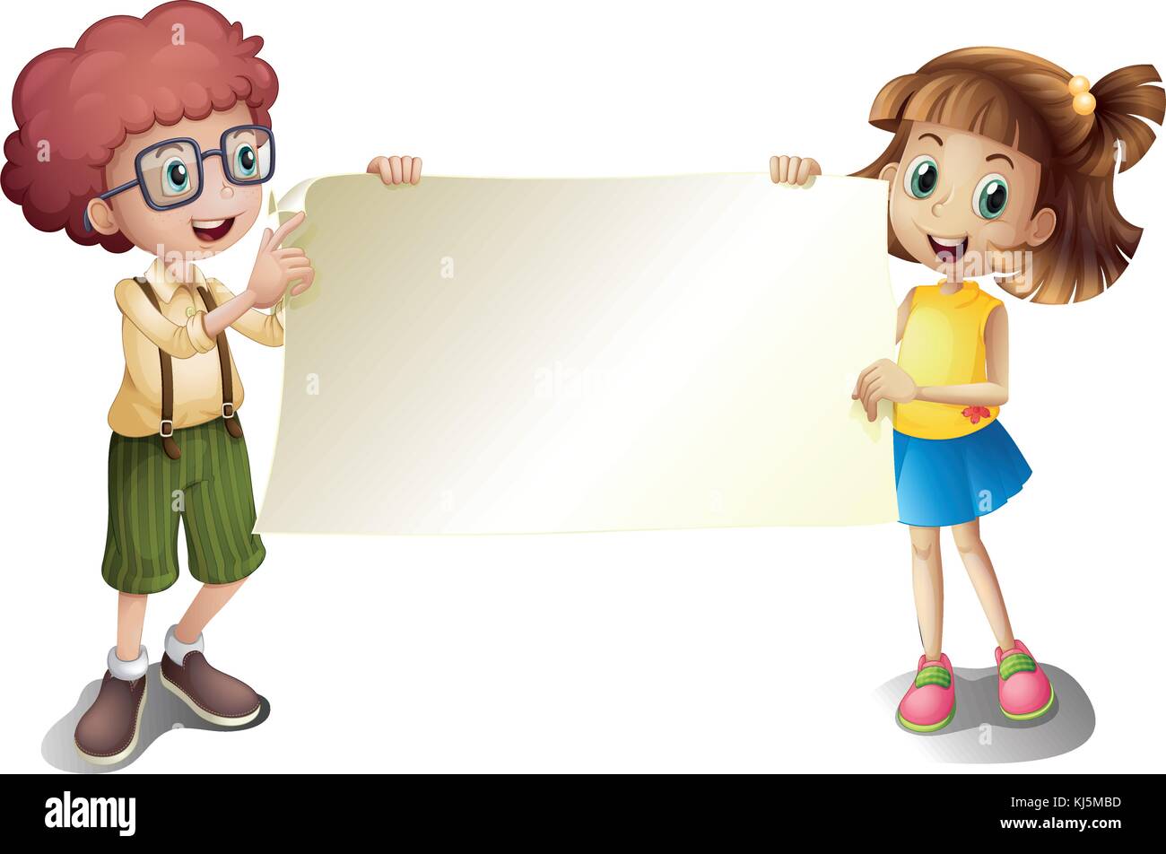 Illustration of a young girl and a young boy holding an empty signboard ...
