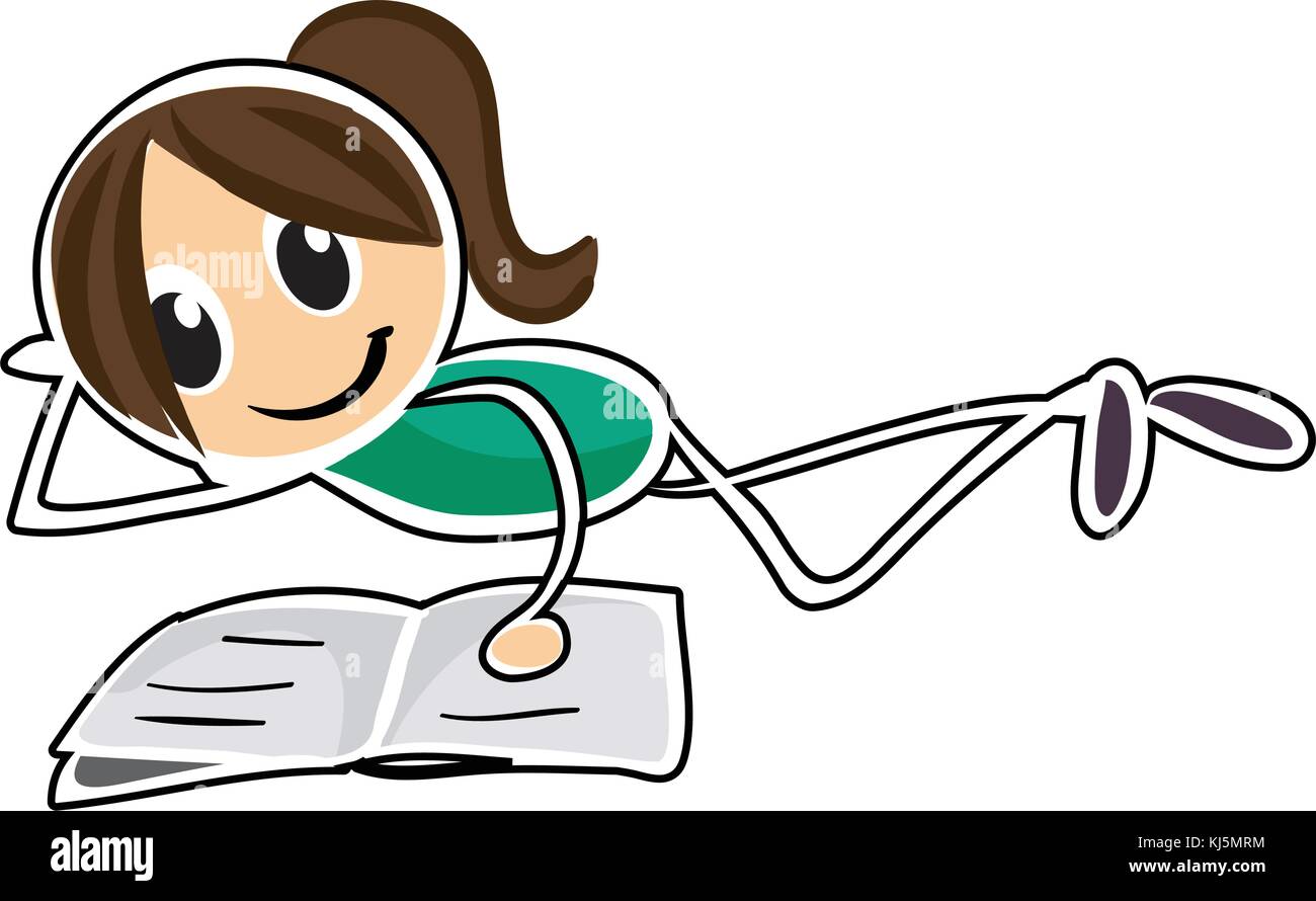 Illustration of a girl lying down while reading on a white background