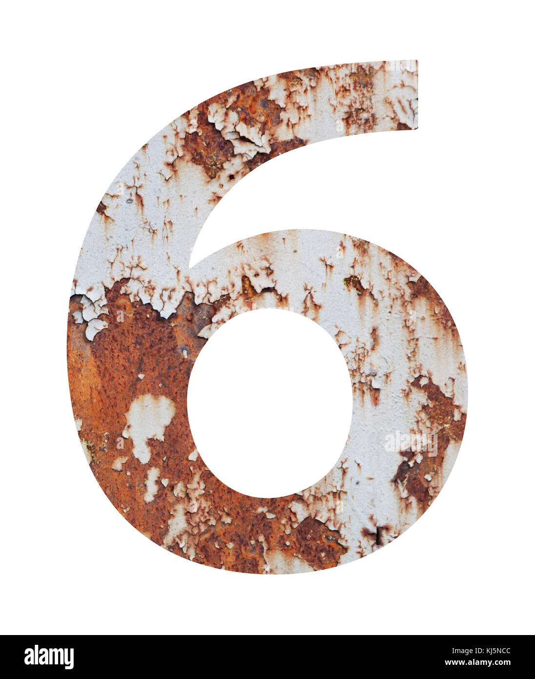 Old rusty metal alphabet, text 6, isolated over the white background ...