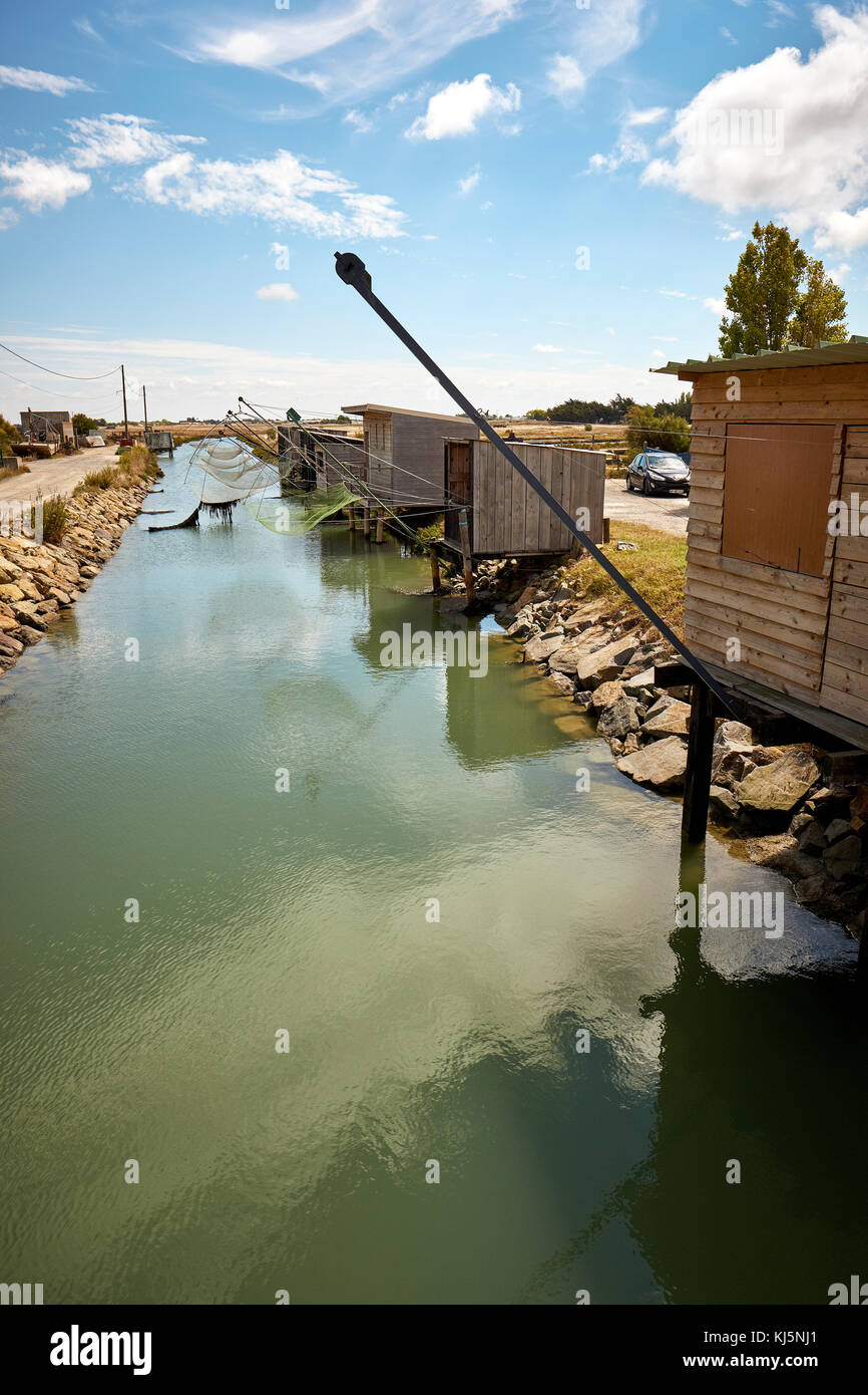 Side fishing Carrelets in La Barre de Monts in the Vendée department in the Pays de la Loire region in western France. Stock Photo