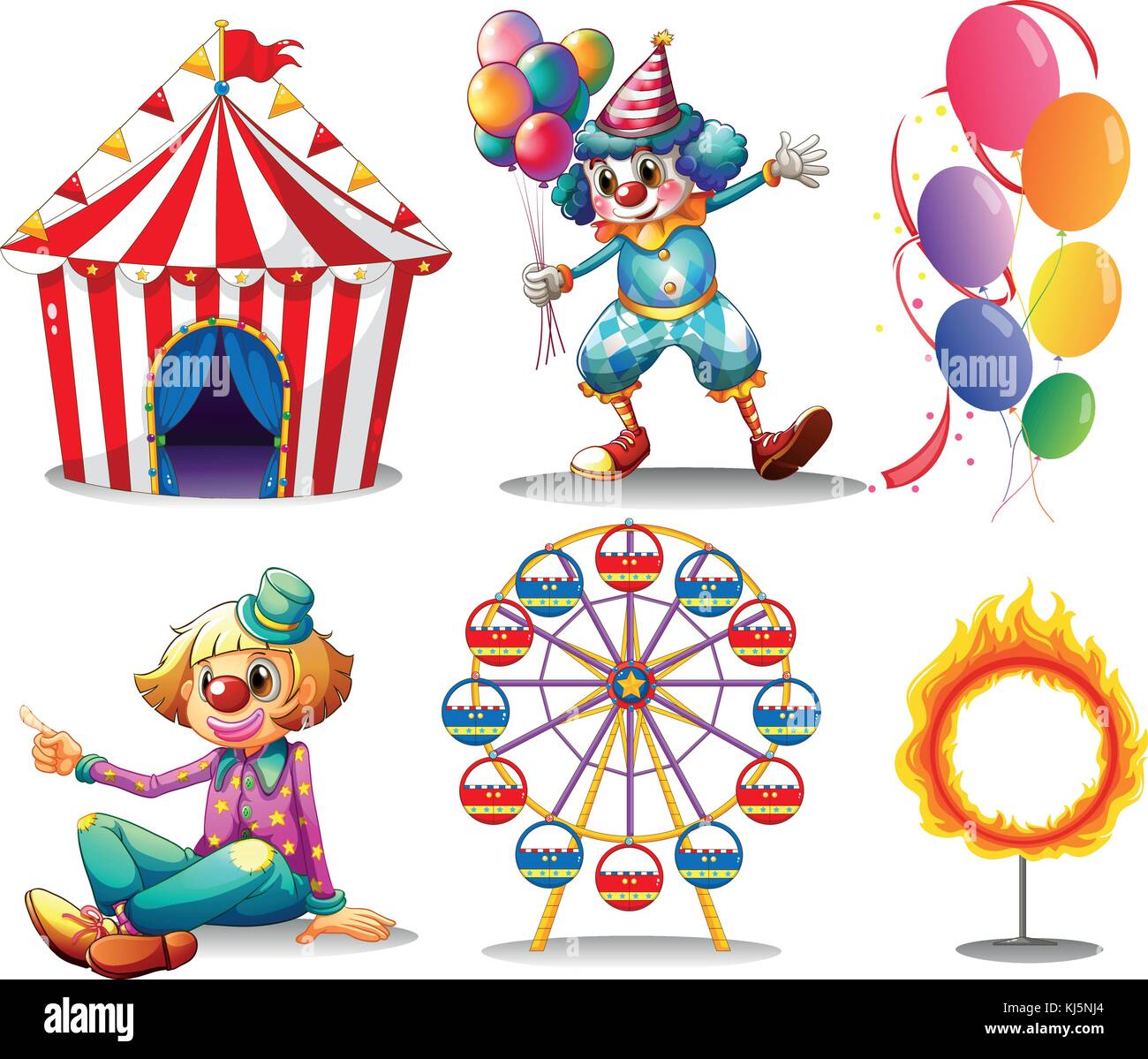 Illustration of a circus tent, clowns, ferris wheel, balloons and a ring of  fire on a white background Stock Vector Image \u0026 Art - Alamy, image size:1300x1199