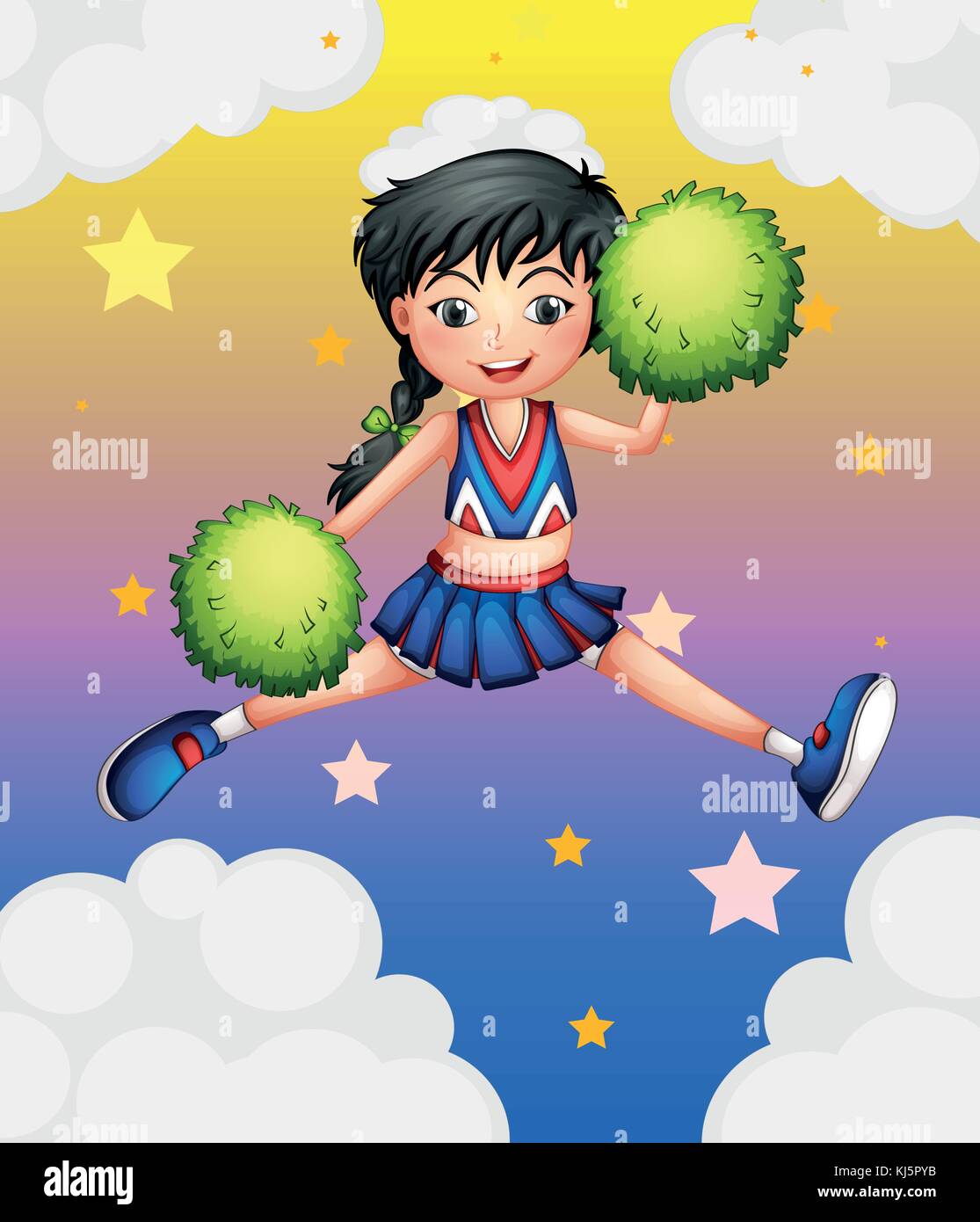 Illustration of a cheerleader jumping with her green pompoms Stock