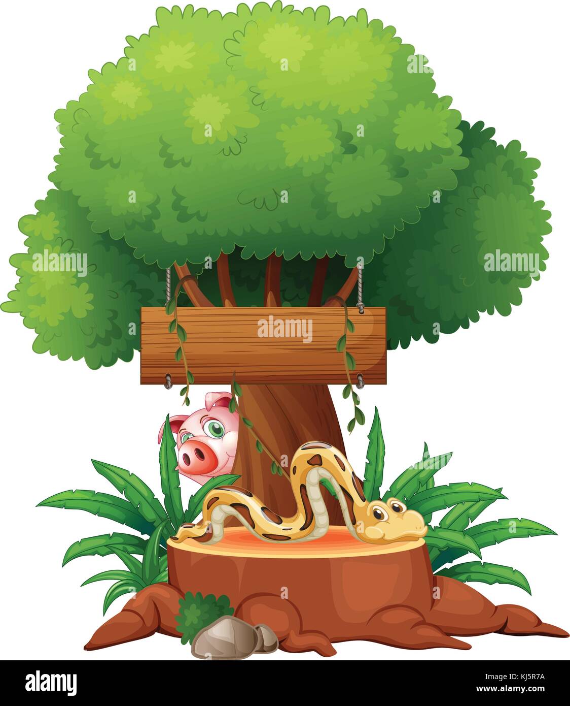 Illustration of a snake with a wooden signboard and a pig at the back on a white background Stock Vector