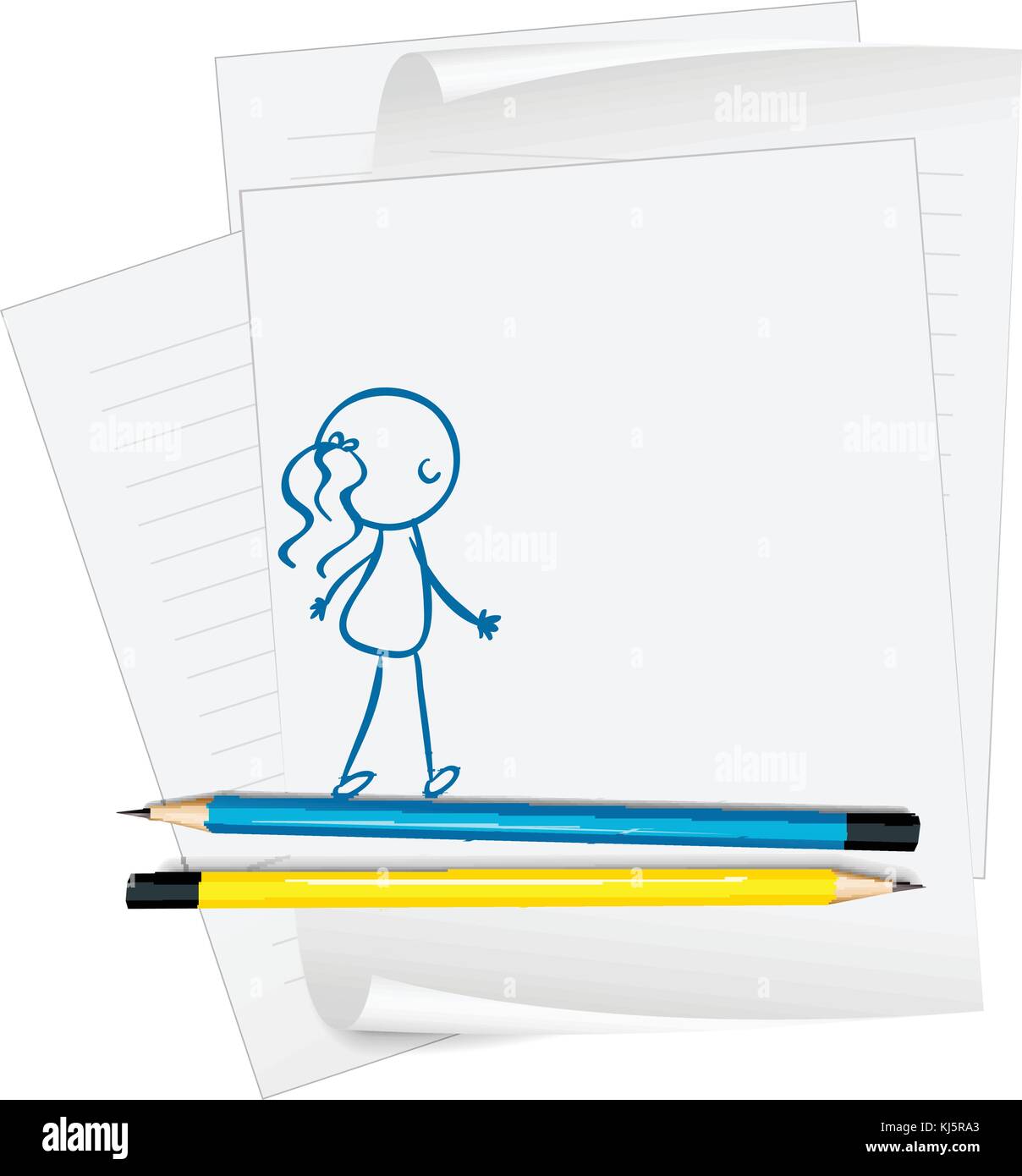 Illustration of a paper with a drawing of a girl on a white background ...