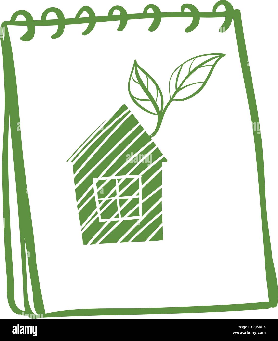 Illustration of a notebook with a drawing of a house with leaves on a white background Stock