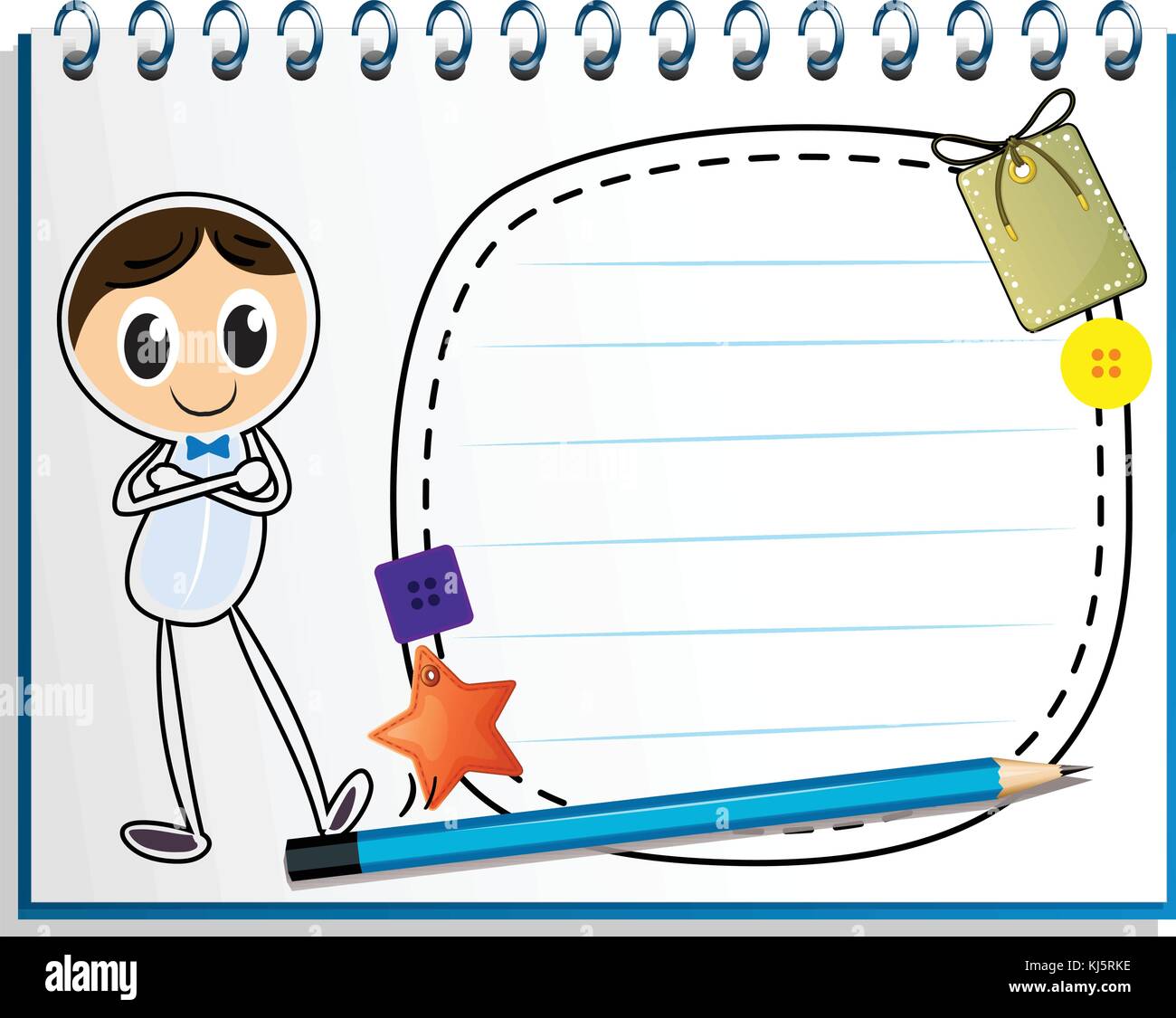 Illustration of a notebook with a drawing of a man standing on a white ...