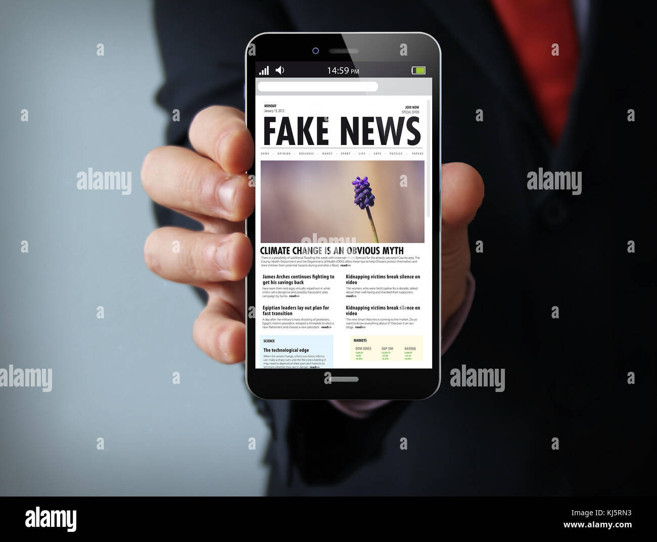 new technologies information concept: businessman hand holding a 3d generated touch phone with fake news on the screen. Screen graphics are made up. Stock Photo